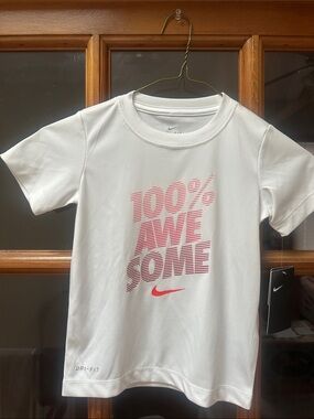 Nike White Short-Sleeve Tee with Pink '100% AWESOME' Graphic